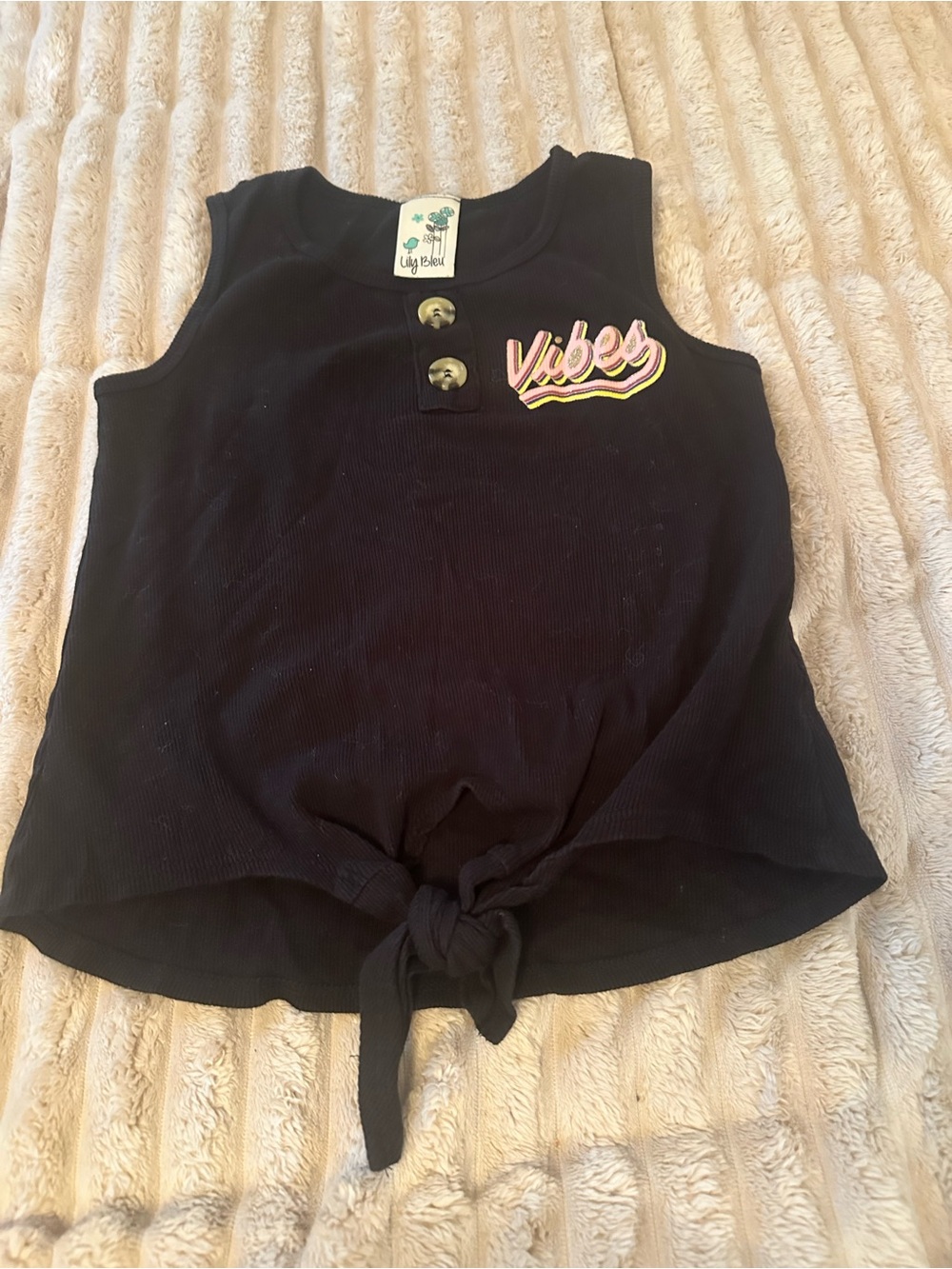 Lily Bleu Black Tank Top with 'Vibes' Patch and Front Tie